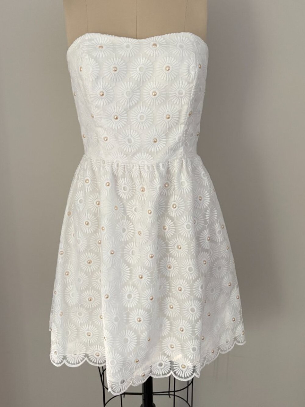 Lilly Pulitzer Payton White Pinwheel Organza Strapless Pearl Dress Coquette 6
